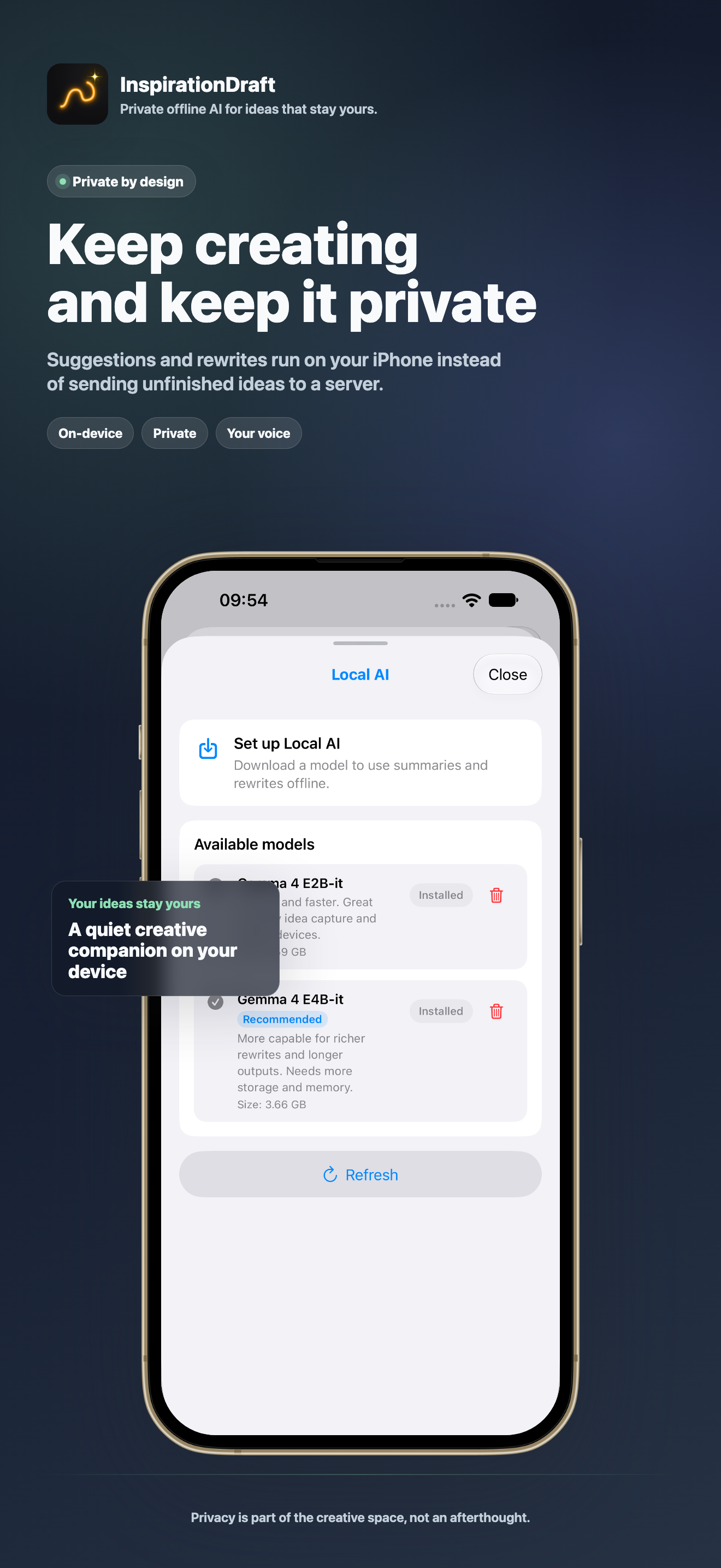 InspirationDraft private offline AI screenshot